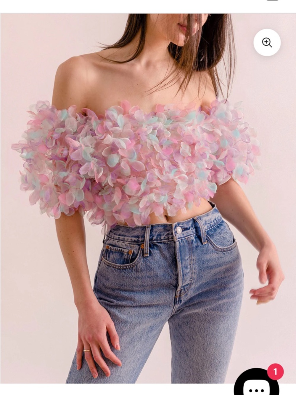 Lirika Matoshi Pastel Pink Floral Appliqué Off-Shoulder Crop Top